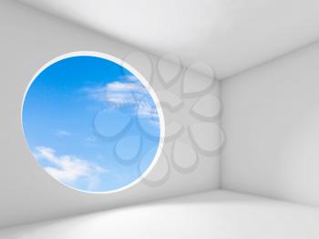 Abstract blank white interior, empty room with round window. CG background, 3d rendering illustration