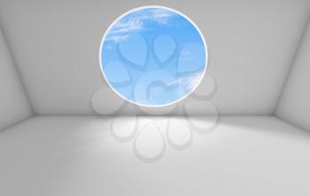 Abstract white interior background, empty room with round window in front wall. 3d rendering illustration