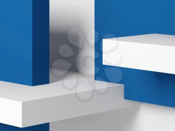 Abstract minimal geometric background, classic blue and white boxes installation. 3d rendering illustration