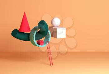 Abstract still life installation, colorful geometric shapes and red ladder. 3d rendering illustration