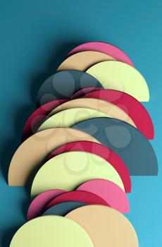 Abstract colorful installation, vertical flat lay background, 3d rendering illustration