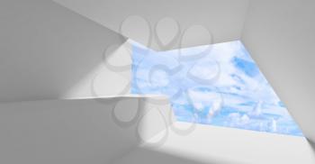 Abstract white interior, an empty room with wide blank window and blue sky on a background, minimal contemporary architecture template, 3d rendering illustration