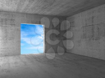 Blue sky behind an empty doorway in a corner. Abstract concrete room interior background. 3d rendering illustration