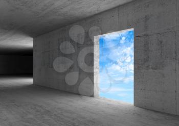 Empty door with blue sky behind. Abstract concrete room interior background. 3d rendering illustration