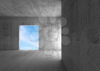 Empty doorway with cloudy sky behind. Abstract concrete room interior background. 3d rendering illustration