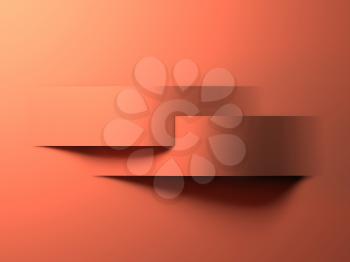 Abstract minimal cg background, two bent intersected paper stripes with shadow over orange sheet, 3d rendering illustration 