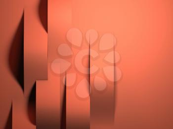 Abstract minimal background, vertical bent paper stripes cut out of orange sheet, 3d rendering illustration 