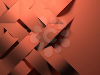 Abstract geometric background, paper stripes installation pattern over orange wall, 3d rendering illustration 