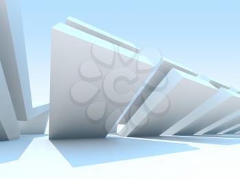 Abstract parametric architecture installation is under bright blue sky. Computer graphics background, wide angle lens effect, 3d rendering illustration