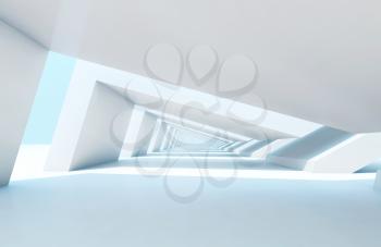 Abstract digital graphic background with empty white endless tunnel perspective. 3d rendering illustration