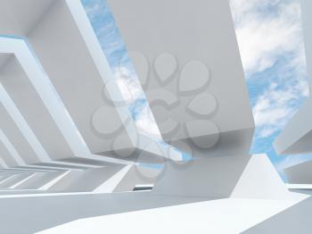 Abstract architectural background with white parametric interior under blue sky. 3d rendering illustration