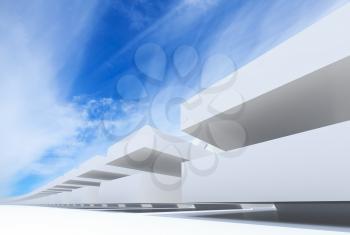 Abstract architectural background with white parametric installation under cloudy blue sky. 3d rendering illustration