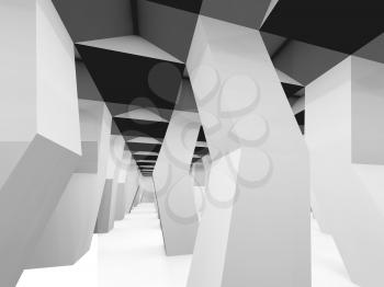 Abstract parametric interior with shiny broken shaped columns, contemporary architectural background, 3d rendering illustration