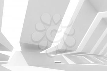 Abstract minimal white architectural template, digital installation with geometric strictures in a row. 3d rendering illustration