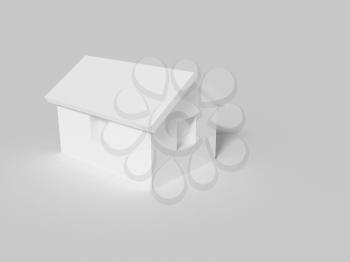 Simple small white house model on light gray background, 3d rendering illustration