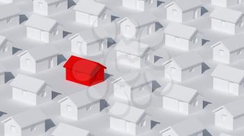 A block of typical small white rural houses with one red in between, self-isolation at home and quarantine abstract cgi representation, 3d rendering illustration