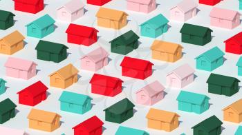 An array of simple small colorful rural houses on white background, town block abstract cgi representation, 3d rendering illustration
