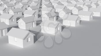 Small typical white rural houses standing on a flat ground, abstract cgi village representation, 3d rendering illustration