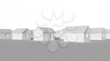 Small blank rural houses standing on a flat ground isolated on white background, abstract cgi village representation, 3d rendering illustration