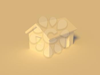 Simple small yellow house model standing on flat ground, 3d rendering illustration
