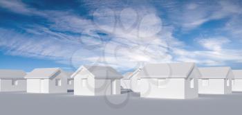 Small blank white simple houses standing on a flat ground under blue cloudy sky, abstract cgi village representation, 3d rendering illustration