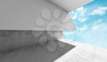 Empty concrete interior. White and concrete walls and blank window with sky outside. Modern minimalistic architecture background, 3d render illustration
