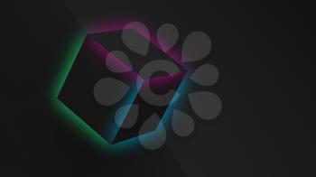 Abstract minimal black background with neon glowing cube, geometric low-poly installation, 3d rendering illustration 