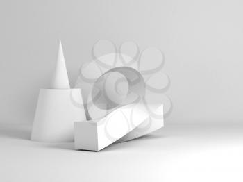 Abstract white still life installation with extended geometric primitives. 3d rendering illustration
