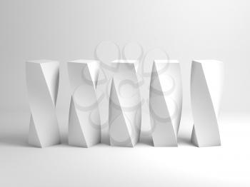 Abstract white still life installation with five twisted geometric primitives in a row. 3d rendering illustration