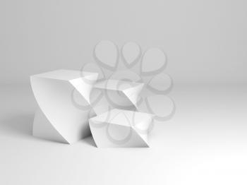 Abstract white installation with twisted geometric podium. 3d rendering illustration
