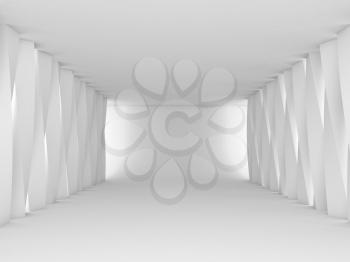 Abstract empty corridor perspective with twisted columns, blank white interior background, 3d rendering illustration