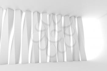 Abstract empty room with twisted columns, blank white interior background, 3d rendering illustration
