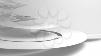 Abstract white digital background with spiral installation in an empty interior, 3d rendering illustration