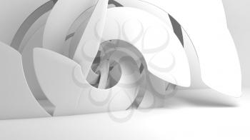 Abstract white cgi background with intersected spiral installation in an empty room interior, digital 3d rendering illustration
