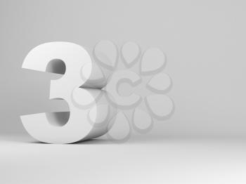 White digit three installation in an empty studio room, 3d rendering illustration 