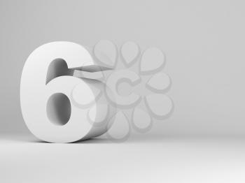 White digit six installation in an empty studio room, 3d rendering illustration 