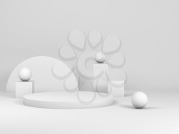 Minimal white still life installation with simple geometric shapes and an empty place for product representation. 3d rendering illustration
