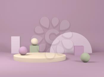 Minimal colorful still life installation with simple geometric shapes. 3d rendering illustration