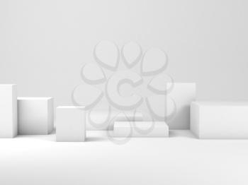 Minimal still life installation with white boxes as an empty places for any product representation. 3d rendering illustration