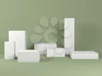 Minimal still life installation with white boxes over light green wall. 3d rendering illustration