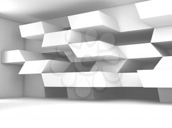 Abstract white empty room interior background with parametric geometric installation on the wall, 3d rendering illustration