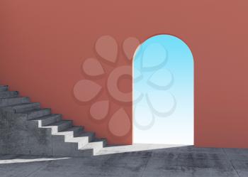 Abstract interior with concrete stairway and empty arch in red wall with blue sky behind, 3d rendering illustration