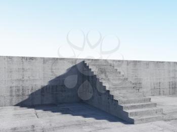 Abstract concrete interior, stairs goes up on the wall, overcome the difficulties metaphor, 3d rendering illustration