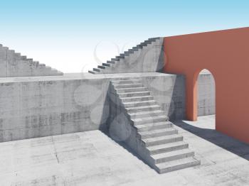 Abstract interior with concrete stairs and red wall with empty arch, 3d rendering illustration