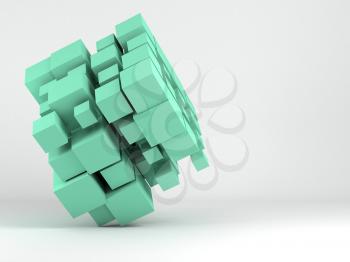Abstract green random sized cubes array with soft shadow over light gray background. Digital cloudy data storage concept. 3d rendering illustration