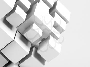 Abstract white installation of random sized cubes over light gray background. Digital cloudy data storage concept. 3d rendering illustration