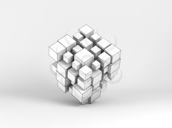 Abstract white random sized cubes array with soft shadow over light gray background. Digital cloudy data storage concept. 3d rendering illustration
