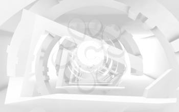 Abstract white tunnel, monochrome futuristic digital background, 3d render illustration