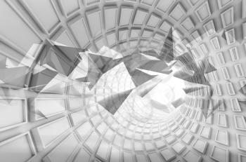 Turning white tunnel with technological extruded tiles and abstract chaotic triangular structure. Digital graphic, 3d rendering illustration