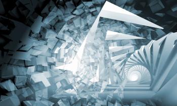 Abstract digital background, blue spiral tunnel made of shining technological chaotic blocks, 3d rendering illustration 